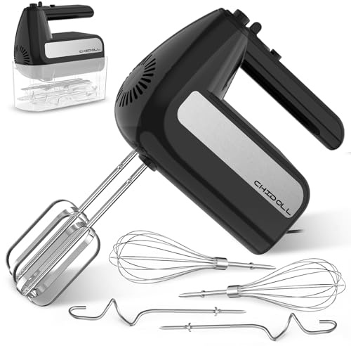 5-Speed Electric Hand Mixer, 800W Handheld Mixer with Turbo for Baking & Cooking, Kitchen Food Mixer with Storage Case & 6 Stainless Steel Attachments (2 Beaters, 2 Dough Hooks, 2 Whisks)-Black