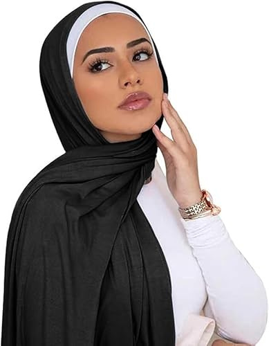 Kiran Fashion New Premium JERSEY HIJAB Scarf Headwrap Stretchy Soft Large Plain Wrap Lycra Long (Black)