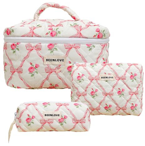 Lilbitty 3 Stück Rosa Kosmetiktasche Set,Große Reise Make-up Tasche mit Blumendesign,Gepolsterte Baumwoll Kulturbeutel für Damen und Mädchen,Aesthetisches Coquette Design für Pflegeprodukte und Reise