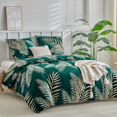 Lekesky Bed Linen 200 x 200 cm, 3-Piece Bed Linen Set 200 x 200 cm, Green Duvet Cover with Golden Tropical Palm Leaf Pattern, Microfibre with Zip, 2 Pillowcases 80 x 80 cm