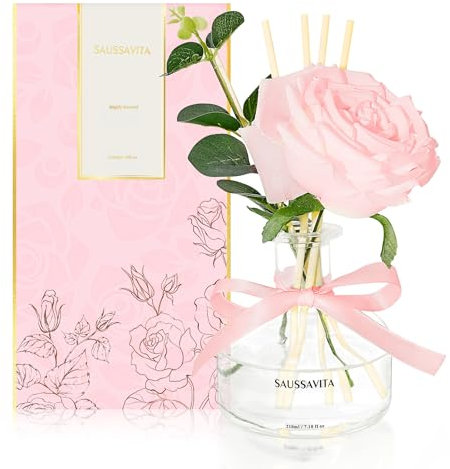 Saussavita Blume Raumduft Diffuser 120 Tage Rose Duft, Aroma Diffuser mit 7 Duftstäbchen, Natürlich, Langanhaltend, Raumdüfte-Set, Lufterfrischer für die Büro und Badezimmer (Rose)