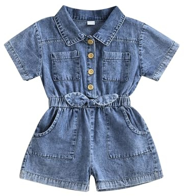 Geagodelia Summer Toddler Girl Jean Overall Short Sleeve Denim Romper Little Girl Shorts Jumpsuit One Piece Outfits for Kids 1-5 Years (Blue, 18-24 Months)