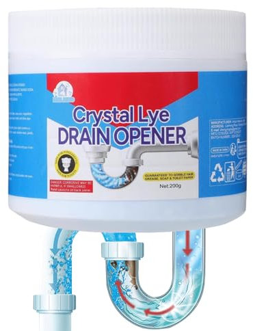 Crystal Lye - Abridor de drenaje de polvo reductor para desagües de 200 g, potente polvo para desagües de cocina y baño, limpiador sanitario con
