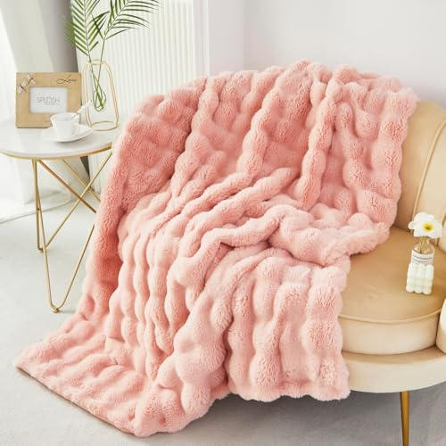 STYHO Pink Plush Blanket Throw Soft Thick Faux Fur Bubble Bed Blanket for Sofa Warm Cozy Large Size Fuzzy Rabbit Furry Throws for Bedroom(Pink, 160 * 200cm)