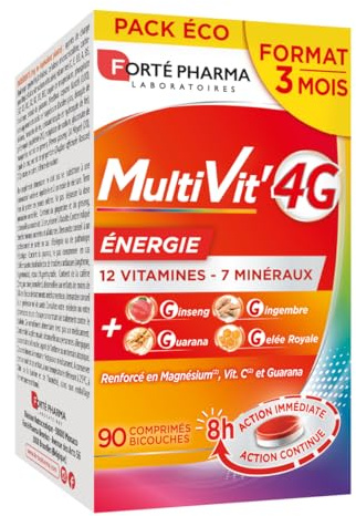 Forté Pharma - Multivit' 4G Energie - Complément Alimentaire Boost Energie, Fatigue - Vitamine C, Vitamine D, Ginseng, Gingembre, Magnesium, Zinc, Selenium, Fer, Cuivre - 90 comprimés, 3 mois