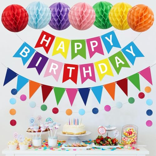 Larfraecy Colorful Happy Birthday Party Decorations Rainbow Birthday Party Decorations Set with Honeycomb Balls, Round Hanging Swirls,Triangular Pennants, Happy Birthday Banners for Women Men