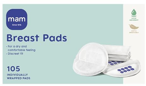 MAM Breast Pads with Fixing Strip | Pack of 105 | Suitable for All Breast Sizes | Ultra Discreet and Comfortable | Highly Absorbent | Breastfeeding Accessories