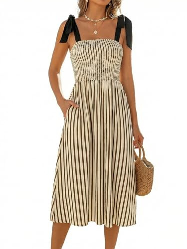 CUPSHE Robe d'été mi-longue à smocks pour femme - Sans manches - Rayures - Épaules nouées - Robe caraco longue et fluide