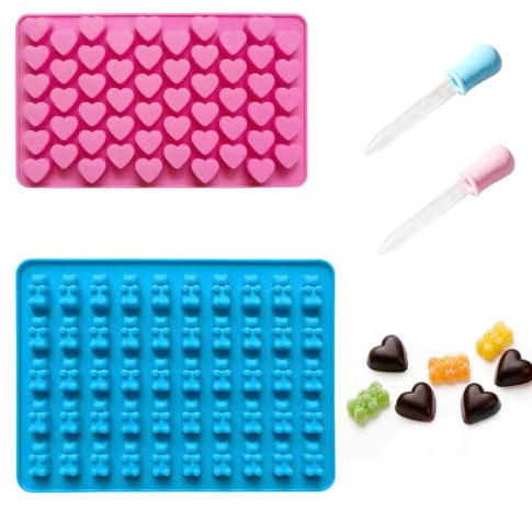 Rainway - Molde de silicona con forma de corazón y ositos de goma con 2 boquillas vertedoras, molde de chocolate en forma de corazón, antiadherente y reutilizable para hornear, rosa y azul