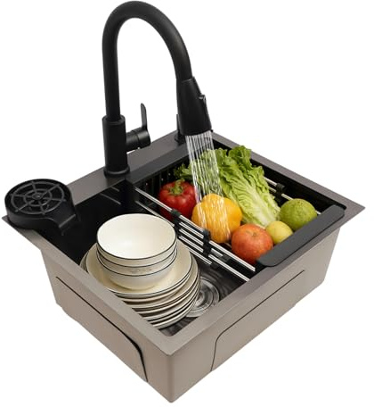 Évier Cuisine Multifonction, Évier Inox Avec Robinet Extractible 40Cm, Lave Verre Automatique Panier Égouttoir Distributeur Savon, Bac Rectangulaire 50X45Cm Encastrable Sous Plan Moderne, 50x45x20cm