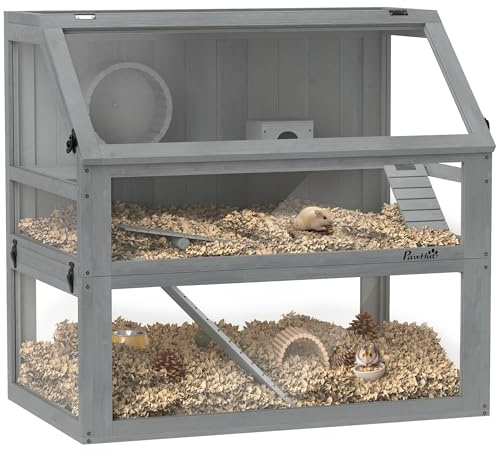 PawHut Cage Hamster en Bois à 3 Niveaux Rampes 80x50x76cm Gris Clair