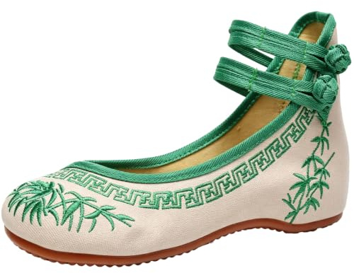 Maimeili kvinnors kinesiska broderade blommiga kilskor asiatisk traditionell Mary Jane Brida balett yoga kanvas skor gummisula, Bambugrön, 37 EU