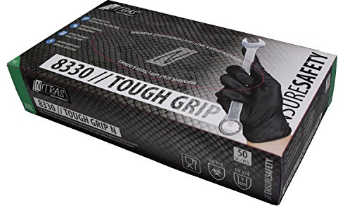 Nitras 50 Stück Nitril Einmalhandschuhe mit optimierter Griffigkeit Tough Grip N (L, schwarz)