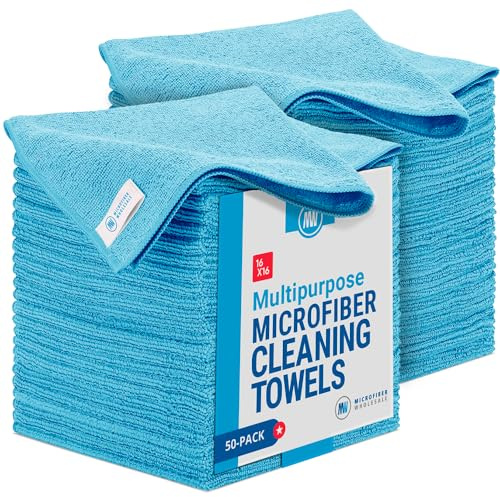 Microfiber Wholesale 16 x 16 All Purpose Towels - 50 Pack - Reusable Wash Cloths, Dust, Kitchen, Car, Shop Rags for Cleaning (Blue)