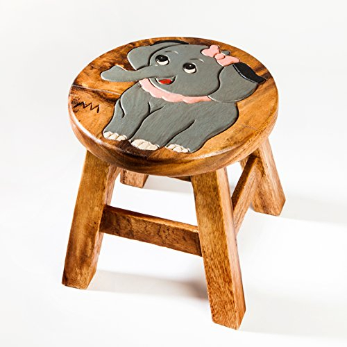 Fairentry Kinderhocker, Schemel, Kinderstuhl massiv aus Holz mit Tiermotiv Elefant, 25 cm Sitzhöhe für unsere Kindersitzgruppe