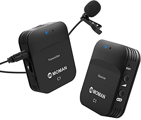 Moman Wireless Lavalier Microphone C1, 2.4GHz Compact Wireless Lapel Mic System with Noise Cancellation 656FT Transmission 8H Battery Life for DSLR Cameras/Smartphone/Tablet/Live Streaming