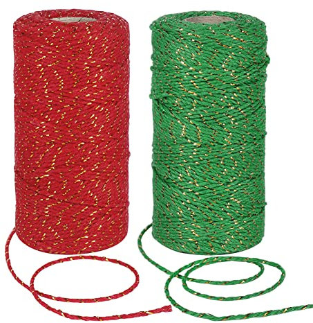 tenn well Cotton Twine String, 200m Cotton Yarn Coloured Twine String for Gift Wrapping, Packing and Crafts Decorations (Red Gold and Green Gold)