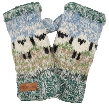 Dam ull/mohair handvärmare sherpa fleecefodrad handstickad fårdesign flerfärgad en storlek handgjord extra varm Pachamama Fair Trade, Blå flerfärgad, M