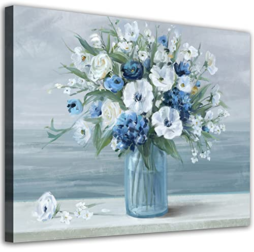 ARYEWDY Blumen Leinwand blau weiß Blüte Leinwand Gemälde Bilder Drucke Blumen in Vase Kunstwerk für Schlafzimmer Badezimmer Wohnzimmer Wanddekoration 30 cm x 40 cm