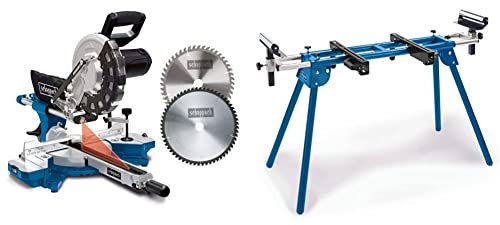 Scheppach Scie à onglets avec démarrage progressif & laser HM254 | 2000W | Lame Ø255mm+ Scheppach Support Scies à Onglets UMF1600 | Charge admissible 200kg | Supports extensibles 1000-1650mm