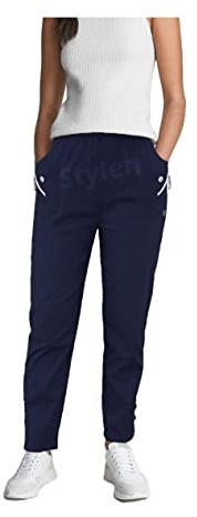 URBAN STITCH Trouser for Women UK Navy Blue Casual Full Length Elasticated High Waist Pants with Stretch Light Weight Summer Straight fit Ladies Bottoms (12, Navy Blue)