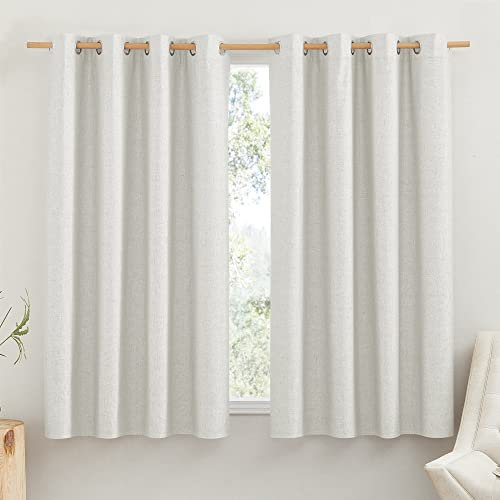 PONY DANCE 100% Blackout Curtains for Living Room Broken White Thermal Faux Linen Curtains with Eyelets, Blackout Room Soundproof Curtains for Children's Room Kitchen 132 x 160 cm 2