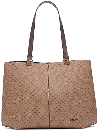 Calvin Klein Women's Granite Geometric Tote Bag – Vegan Leather, Monogram, 3 Pockets, Khaki/Brown/Java, One Size