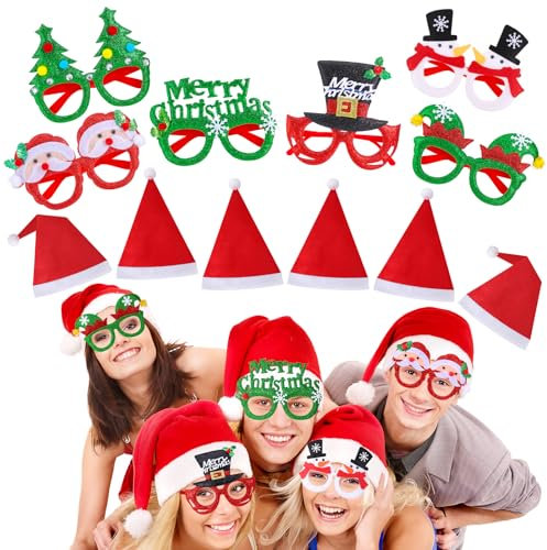 Huiguli Weihnachten Dekoration, 6 Stück Weihnachtsbrillen & 6 Stück Weihnachtsmütze, Lustige Weihnachtsfeier Brille, Weich Nikolausmütze Unisex, Weihnachten Geschenke für Freunde Familien