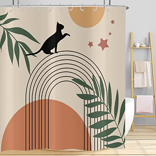 Hnmdmyi Cortina de Baño Boho 120x200, Mid Century Abstracto Negro Gato Verde Hoja Lazo Sol Luna Beige Minimalista Moderna Estética Geométrica Arte con Ganchos