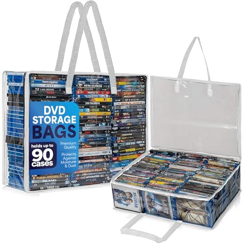Besti Blu Ray fodral hållare organisatör, set med 2 genomskinliga plastpåsar med handtag för lagring av suddor, DVD-skivor, CD-skivor, förvaringsväskor för videospelfodral, rymmer upp till 90 Bluray