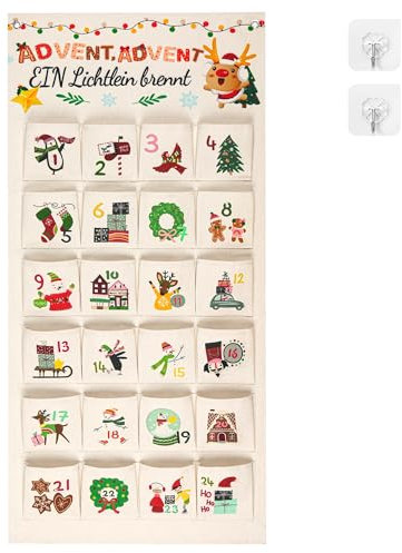 Grünara 24 Adventskalender aus Stoff zum Befüllen mit 2 Haken - dekorativer Wandteppich - wiederverwendbare Stoffbeutel zur Dekoration - Geschenksäckchen für Weihnachten (Weihnachten)