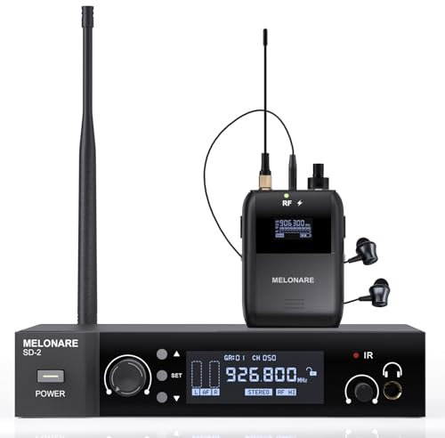 MELONARE - Wireless in-ear monitor system, stereo auto scan IEM system with body receiver and headset, 50 tunable frequencies from 165ft range,