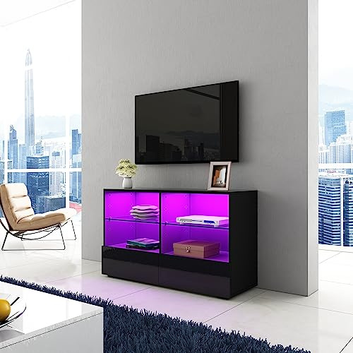 Chebinsiti Corner TV Stand Cabinet Black Gloss Modern TV Stand Unit 100CM with LED Lights, 4 Open Shelves and 2 Drawers TV Entertainment Cabinet for Bedroom Living Room Home Furniture