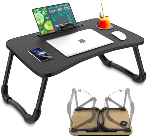 Avilia – Tavolino da Letto Pieghevole 60x40 cm - Supporto PC Laptop con Leggio per Tablet e Porta Bicchiere - Scrivania Portatile Salvaspazio per Divano e Letto per Smart Working e Relax