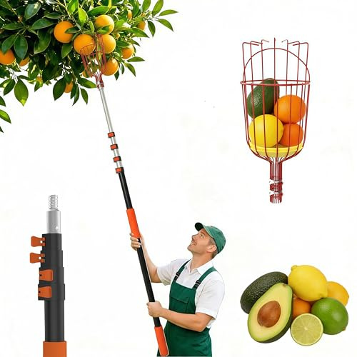 AgiiMan 3 to 12 FT Fruit Picker Pole - Reach to 18 FT Fruit Picker with Telescopic Extension Pole, Lightweight and Sturdy Aluminum Telescopic Pole, Easy to Assemble Fruit Picking Basket