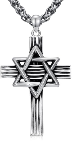 PDTJMTG Collar con colgante de cruz de estrella de David para hombre, plata de ley 925 con colgante de cruz de estrella judía para papá e hijo