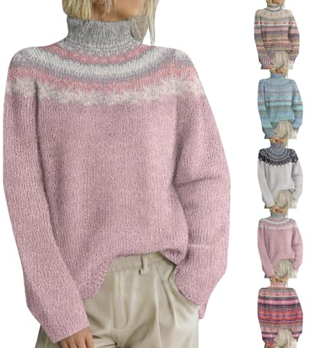 HUIFUAO Dolcevita Fairisle Maglione da donna Plus Size Collo a lupetto Nordic Islandic Norvegese Maglioni Vintage Natale Maglioni Inverno Caldo Spessa Maglieria Pullover Morbido Manica Lunga Top, A01