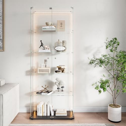 ZSSWSS Vetrinetta in Vetro con LED, Vetrina Espositiva con 5 Ripiani in Vetro, Vetrinetta Soggiorno Moderna con 2 Porta e Serratura, Vetrina Espositore per Collezionismo (Nero, 5 Etagen 2 Tür+LED-B)