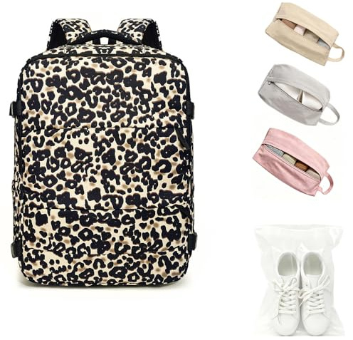 Treer Mochila Viaje Cabina Avion 40x30x20, Mochilas Cabina con Compartimento Zapatos para Ryanair, Vueling, Maletas De Viaje Mujer Hombre, Impermeable Travel Backpack, Equipaje de Mano (Leopardo L)