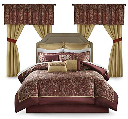 Madison Park Essentials Brystol 24 Piece Room in a Bag Faux Silk Comforter Jacquard Paisley Design Matching Curtains Down Alternative Hypoallergenic All Season Bedding-Set, Queen (90 in x 90 in), Red