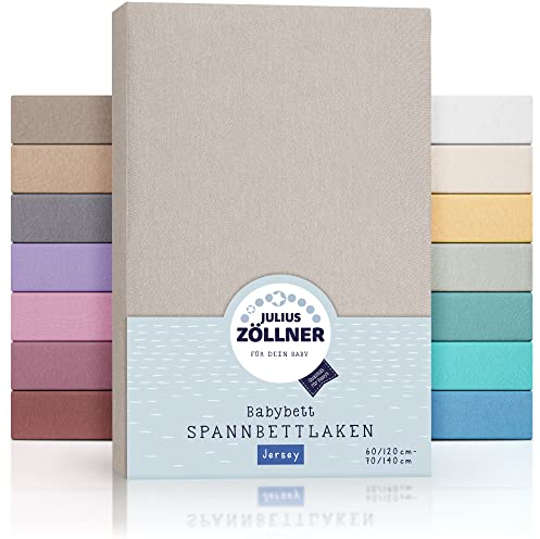 Julius Zöllner Jersey Spannbettlaken für Baby- & Kinderbett, 100% Jersey-Baumwolle, OEKO-TEX Standard 100 zertifiziert, Größe: 60x120cm / 70x140cm, 2er Pack, taupe