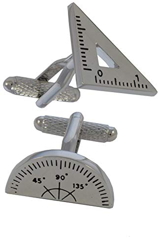 COLLAR AND CUFFS LONDON Gemelli Camicia Uomo Insegnante - con Scatola - Ottone - Goniometro e Squadra da Disegno - Argento Colorato - Ingegnere Matematica Fisica - Un Paio