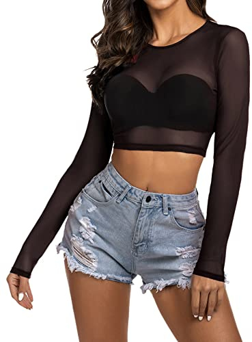 Avidlove Long Sleeve Mesh Crop Top Women's See Through Cropped Top mesh Top Sheer Shirt Black XL