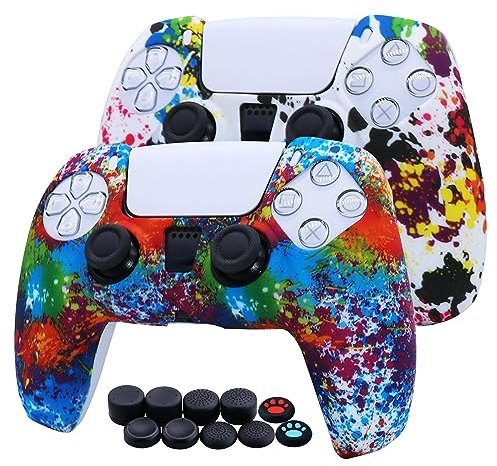 [2 pezzi] Jusy Cover Grip Silicone per PS5 Controller, set di Accessori Protettivi con Custodia Antiscivolo a Prova di Sudore, con PRO Presa del Pollice Thumb Grips x 10 (Graffiti)