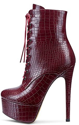 NobleOnly Zapatos de Tacón Mujer Plataforma Tobillo Botas 16CM Botines High Heels Rojo Borgoña Mate Zapatos EU 43