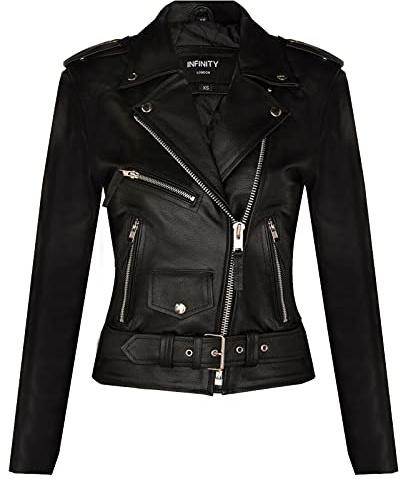 Infinity Leather Chaqueta para Damas de Cuero Negro de Piel de Vaca Genuina Estilo Clásico Brando Motociclista XL