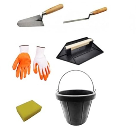 jr motoculture MACKITPRO - Kit de Construction avec 6 Accessoires - Idéal Maçonnerie et Préparation Béton, Ciment, Mortier, Revêtement - Seau, Truelle Ronde et à Joint, Éponge, Taloche, Gants