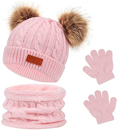 Waylipun 3 in1 Inverno Berretto Scaldacollo Guanti Set, Caldo Cappello a Maglia Bambin Invernale, Crochet Berretto con Sciarpa e Guanti, Adatto per tra 1 e 5 anni Ragazze Ragazzi (Rosa)