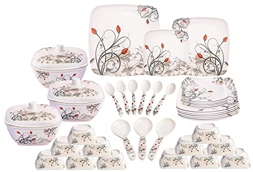 Square Shape Melamine Dinner Set 40 Pieces for Kitchen White Black and Red