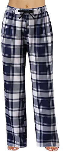 Generic Schlafanzughose Damen Kariert - Karierte Pyjamahose Damen Lang mit Gummizug Lässig Locker Weites Bein Straight Leg Freizeithose Baumwolle Lange Hosen für Frauen
